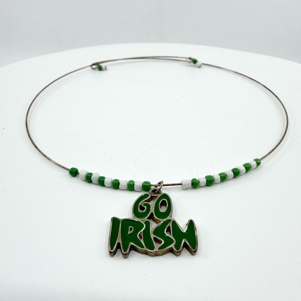 Green White Beaded Go Irish Pendant Wire Choker Necklace St Patrick's Day Gift